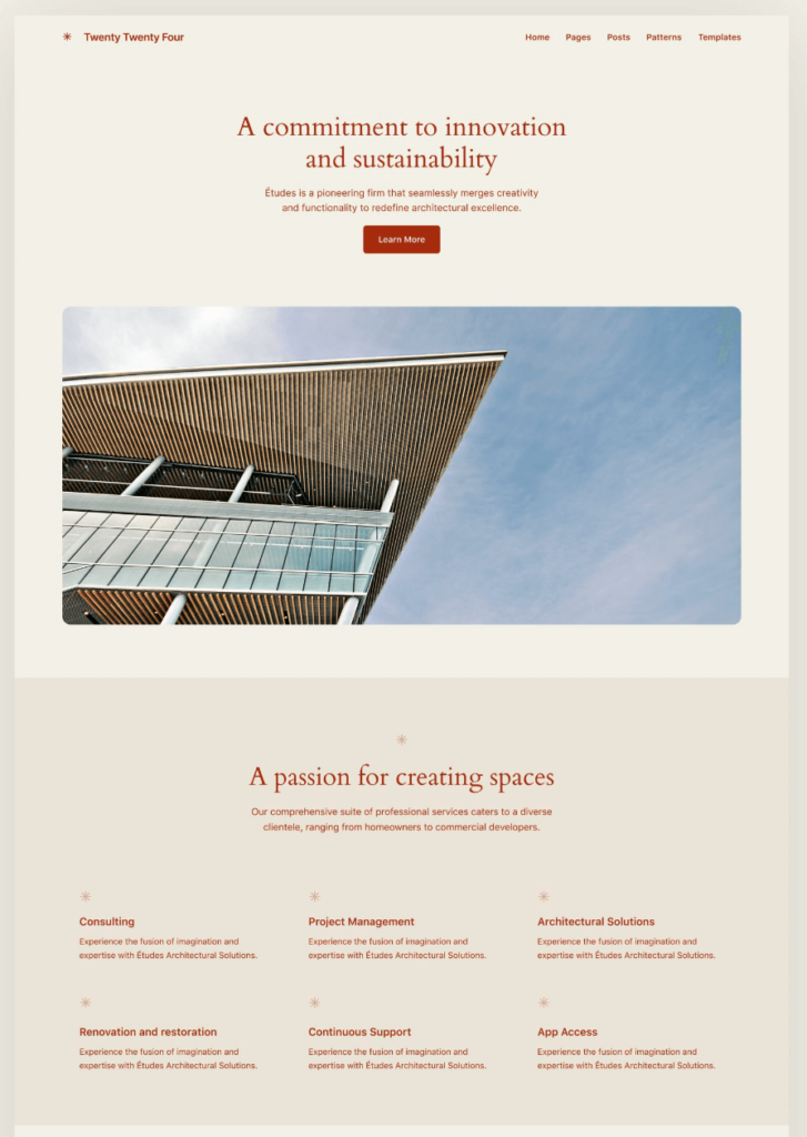 Variation of wordpress twenty twenty four theme: Rust
